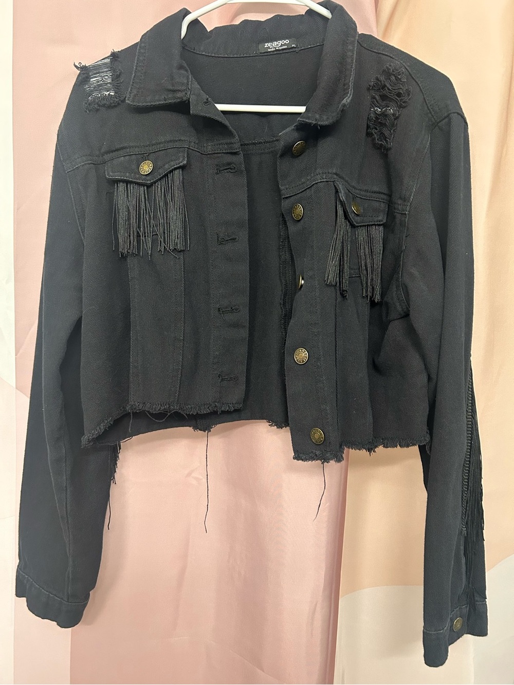 Black Fringed Cropped Denim Jacket